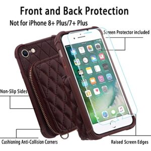 MONASAY Zipper Wallet Case for iPhone SE 2022/2020/8/7,[Glass Screen Protector ][RFID Blocking] Flip Leather Handbag Phone Cover with Card Holder & Crossbody Lanyard Strap, Burgundy