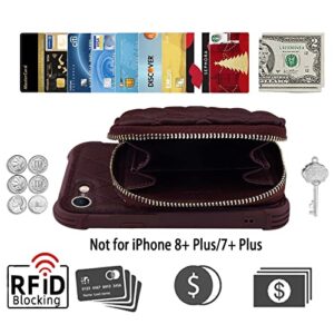 MONASAY Zipper Wallet Case for iPhone SE 2022/2020/8/7,[Glass Screen Protector ][RFID Blocking] Flip Leather Handbag Phone Cover with Card Holder & Crossbody Lanyard Strap, Burgundy