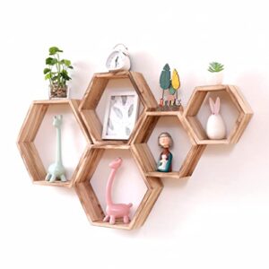 WONFUlity Hexagon Floating Shelves, Wall Mounted Wood Farmhouse Storage Honeycomb Shelves Set of 5 Wall Shelf for Bathroom, Kitchen, Bedroom, Living Room,Driftwood Finish Wall Decor, Light Brown