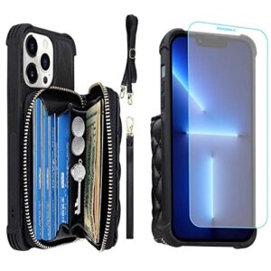 monasay zipper wallet case for iphone 13 pro max ,[glass screen protector ][rfid blocking]flip leather handbag phone cover with card holder & crossbody lanyard strap for apple iphone 13 pro max 6.7"