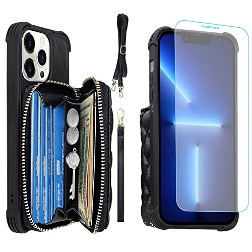 MONASAY Zipper Wallet Case for iPhone 13 Pro Max ,[Glass Screen Protector ][RFID Blocking]Flip Leather Handbag Phone Cover with Card Holder & Crossbody Lanyard Strap for Apple iPhone 13 Pro Max 6.7"