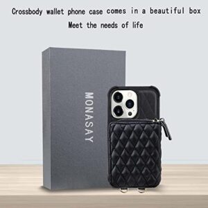 MONASAY Zipper Wallet Case for iPhone 13 Pro Max ,[Glass Screen Protector ][RFID Blocking]Flip Leather Handbag Phone Cover with Card Holder & Crossbody Lanyard Strap for Apple iPhone 13 Pro Max 6.7"