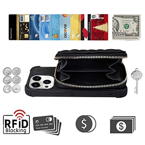 MONASAY Zipper Wallet Case for iPhone 13 Pro Max ,[Glass Screen Protector ][RFID Blocking]Flip Leather Handbag Phone Cover with Card Holder & Crossbody Lanyard Strap for Apple iPhone 13 Pro Max 6.7"