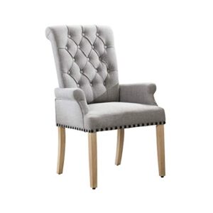 restworld fabric arm dining chair,tufted upholstered high back nailed trim with untique oak wood legs for kitchen restaurant room bedroom,smoke grey