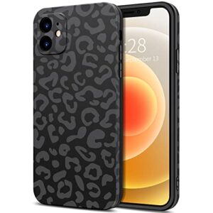 hython case for iphone 12 case leopard, matte black cheetah print pattern design [not rub off], cute aesthetic slim soft tpu shockproof protective phone case cover for women men, black leopard