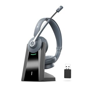 wireless headset, bluetooth headset with microphone noise cancelling & usb dongle, 28hrs talktime, on ear wireless headphone with mic mute & charging dock for pc/cell phone/zoom/skype/office