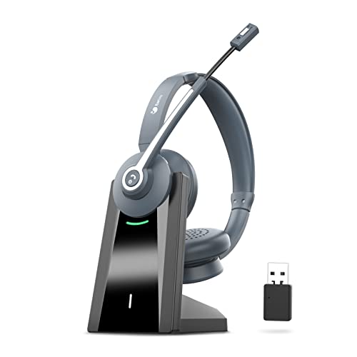 Wireless Headset, Bluetooth Headset with Microphone Noise Cancelling & USB Dongle, 28hrs talktime, On Ear Wireless Headphone with Mic Mute & Charging Dock for PC/Cell Phone/Zoom/Skype/Office