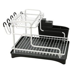 IKAYAA 2-Tier Dish Drying Rack, Dish Rack and Drainboard Set with Swivel Spout, with Cup Holder, Premium Aluminum, for Small Kitchen Countertop, Black Tray + Silver Frame