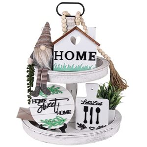 two tiered tray decor farmhouse decor tiered tray, wooden decorative tray decor with gonme plush and beasd home decoration countertop for summer monther day halloween thanksgiving christmas decors
