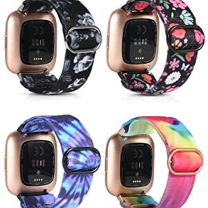 Crodi 4 Packs Elastic Bands Compatible with Fitbit Versa 2/Versa/Versa Lite/Versa SE SmartWatch Nylon Solo Loop Strap,Adjustable Stretchy Sports WristBands,Women Man Replacement Soft Watch Bracelet