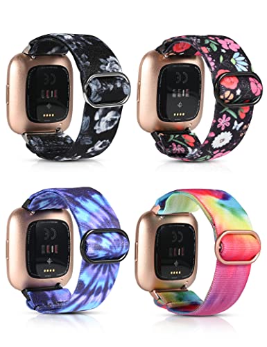 Crodi 4 Packs Elastic Bands Compatible with Fitbit Versa 2/Versa/Versa Lite/Versa SE SmartWatch Nylon Solo Loop Strap,Adjustable Stretchy Sports WristBands,Women Man Replacement Soft Watch Bracelet