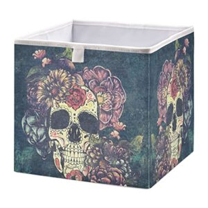 floral sugar skull collapsible fabric storage cubes bins with handles square closet organizer waterproof lining for home office bedroom 11.02x11.02x11.02 inches