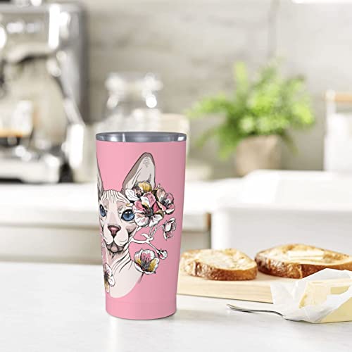 Sphynx Cat With Cherry Flowers Stainless Steel Tumbler With Lid And Straw 20oz Insulated Coffee Mug & Tea Cup Travel Coffee Mug Car Thermos Cup
