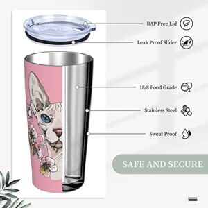 Sphynx Cat With Cherry Flowers Stainless Steel Tumbler With Lid And Straw 20oz Insulated Coffee Mug & Tea Cup Travel Coffee Mug Car Thermos Cup