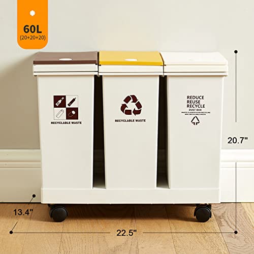 mopam Recycle Kitchen Trash Can 20L x 3 Compartment Garbage Can with Lid Total 16 Gallon/ 60L Sorting Waste Bin with Wheels Garbage Container Bin for Home Office Living Room