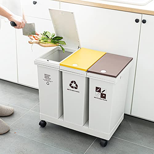 mopam Recycle Kitchen Trash Can 20L x 3 Compartment Garbage Can with Lid Total 16 Gallon/ 60L Sorting Waste Bin with Wheels Garbage Container Bin for Home Office Living Room