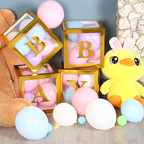 Sooyee Gold Clear Baby Boxes with Letters for Baby Shower,Baby Shower Decorations, Transparent Ballon Boxes Backdrop,Baby Shower Birthday Party ,Gender Reveal ,Reusable Favors In Giftbox, Baby Blocks