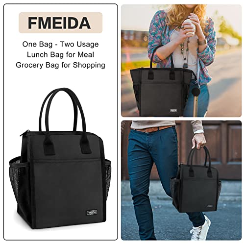 Fmeida Lunch Tote Bag, Insulated Lunch Bag Women, Leakproof Womens Lunch Bag, Thermal Adult Lunchbag with Large Side Pockets, Reusable Black Lunch Bag for Office Work Travel Picnic