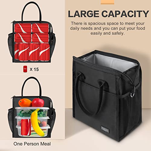 Fmeida Lunch Tote Bag, Insulated Lunch Bag Women, Leakproof Womens Lunch Bag, Thermal Adult Lunchbag with Large Side Pockets, Reusable Black Lunch Bag for Office Work Travel Picnic