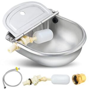automatic water feeder trough bowl with 1 pipe hose, with 2 float ball valves and 1 double female brass swivel connector, stainless steel automatic water dispenser for dog pig horse cattle goat tool