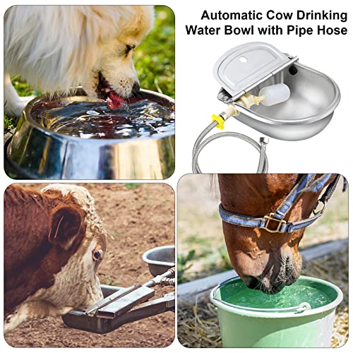 Automatic Water Feeder Trough Bowl with 1 Pipe Hose, with 2 Float Ball Valves and 1 Double Female Brass Swivel Connector, Stainless Steel Automatic Water Dispenser for Dog Pig Horse Cattle Goat Tool