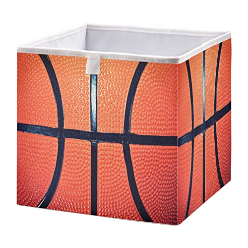 Basketball Collapsible Fabric Storage Cubes Bins with Handles Square Closet Organizer Waterproof Lining for Nursery Drawer Shelves Cabinet 11.02x11.02x11.02 Inches