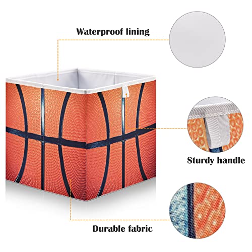 Basketball Collapsible Fabric Storage Cubes Bins with Handles Square Closet Organizer Waterproof Lining for Nursery Drawer Shelves Cabinet 11.02x11.02x11.02 Inches