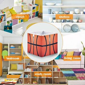 Basketball Collapsible Fabric Storage Cubes Bins with Handles Square Closet Organizer Waterproof Lining for Nursery Drawer Shelves Cabinet 11.02x11.02x11.02 Inches