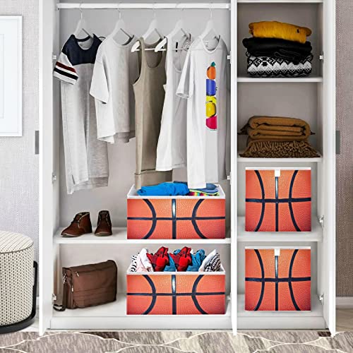 Basketball Collapsible Fabric Storage Cubes Bins with Handles Square Closet Organizer Waterproof Lining for Nursery Drawer Shelves Cabinet 11.02x11.02x11.02 Inches