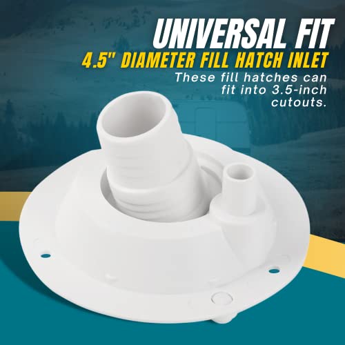 TonGass (2-Pack) Universal Fit Gravity Feed Fresh Water Fill Hatch Inlet for RV Trailers (White) - 4.5" Diameter Fill Hatch Inlet - with 1-1/4 Barbed Connector, Bayonet-Style Cap and 1/2" Air Vent