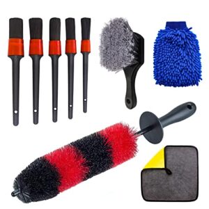 YIJINSHENG Wheel Tire Brush Set, Car Detailing Kit, 17inch Long Soft Bristle Wheel Brush, Short Handle Tire Brush, 5 Car Detail Brushes, Microfiber Cleaning Cloth, Wash Mitt for Interior, Exterior