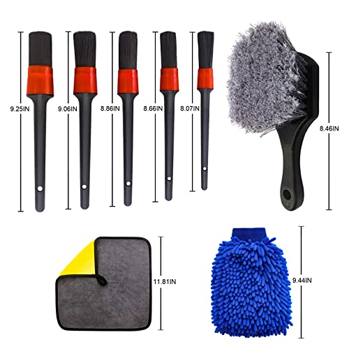 YIJINSHENG Wheel Tire Brush Set, Car Detailing Kit, 17inch Long Soft Bristle Wheel Brush, Short Handle Tire Brush, 5 Car Detail Brushes, Microfiber Cleaning Cloth, Wash Mitt for Interior, Exterior