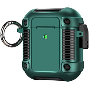 for airpods 2nd generation case, airpods case with secure lock clip keychain for men women, airpods 1&2 cover rugged full body shockproof hard shell protective cases for apple airpods 2nd/1st-green
