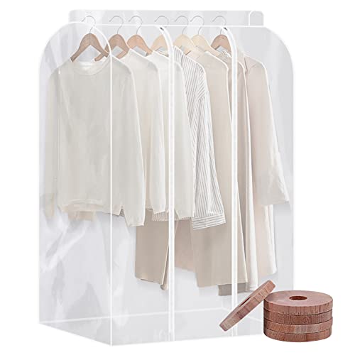 47'' Extra Large Clear Hanging Garment Bags for Closet Storage, Garment Rack Cover for hanging clothes, Sealed Clothes Dust Cover to Protect Coats, Suits, Dresses（with 5 Cedar Wood Chips）