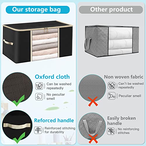 Supowin Large Capacity Clothes Storage Bags, 3-Pack Foldable Blanket Storage Organizer with Waterproof Oxford Cloth Material and Reinforced Handle, Sturdy Zipper, Clear Window, Bedding, 90L, Black