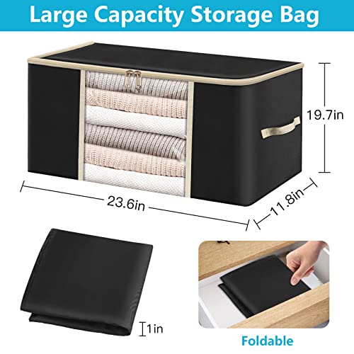 Supowin Large Capacity Clothes Storage Bags, 3-Pack Foldable Blanket Storage Organizer with Waterproof Oxford Cloth Material and Reinforced Handle, Sturdy Zipper, Clear Window, Bedding, 90L, Black