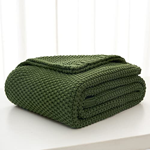 Longhui bedding Chunky Cable Knit Throw Blanket Lightweight Olive Green 100% Organic Cotton Blanket for Sofa Couch Bed Baby Nursery, Rustic Shabby Chic Modern Farmhouse, 51” x 63” Give Laundering Bag