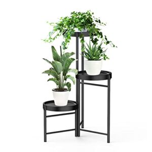idavosic.ly 3 tiers corner plant stand for indoor outdoor, foldable small tiered plants holder display rack with 3 trays, flower pot tall shelf for living room balcony garden patio (round, black)