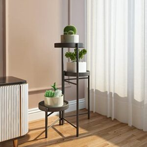 iDavosic.ly 3 Tiers Corner Plant Stand for Indoor Outdoor, Foldable Small Tiered Plants Holder Display Rack with 3 Trays, Flower Pot Tall Shelf for Living Room Balcony Garden Patio (Round, Black)