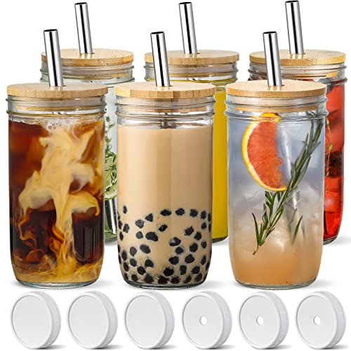 [ 6 Pack ] Glass Cups Set - 24oz Wide Mouth Mason Jar Drinking Glasses w Bamboo Lids & Straws & Airtight Lids - Cute Reusable Boba Bottle, Iced Coffee Glasses, Travel Tumbler for Bubble Tea, Juice