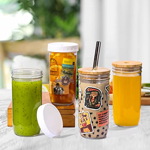 [ 6 Pack ] Glass Cups Set - 24oz Wide Mouth Mason Jar Drinking Glasses w Bamboo Lids & Straws & Airtight Lids - Cute Reusable Boba Bottle, Iced Coffee Glasses, Travel Tumbler for Bubble Tea, Juice