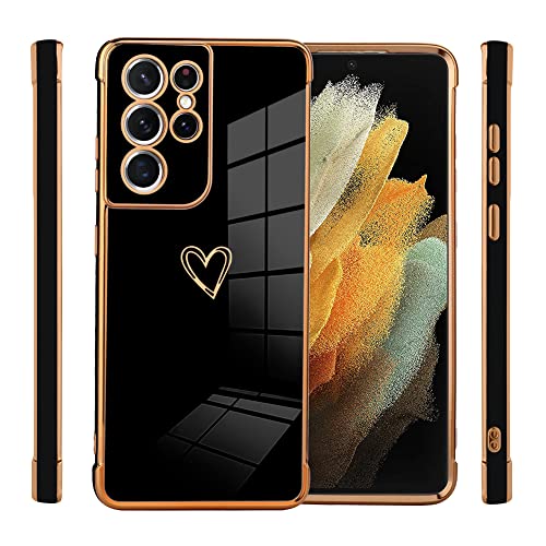 AIGOMARA Compatible Samsung Galaxy S21 Ultra Case Heart Design Plating Cover Full Body Shockproof Protection Anti-Scratch Soft TPU Slim Wireless Charging Case for Galaxy S21 Ultra 6.8 Inch - Black