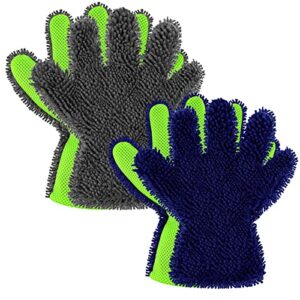 ferraycle 2 packs car wash mitt 5 finger microfiber wash mitts auto car dusting gloves double sided cleaning gloves for kitchen home(blue and black)