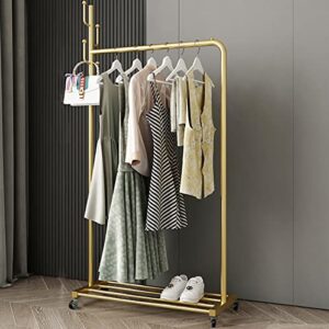 fjankui clothing garment rack with lockable wheels, 3-in-1 rolling clothes rack for hanging clothes, 5 side hooks and bottom shelves organizing clothes,shoes,bags,hats(31.5in gold)