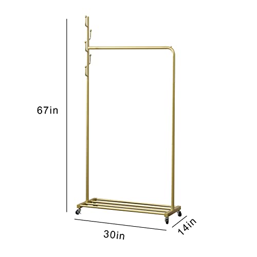 FJANKUI Clothing Garment Rack with Lockable Wheels, 3-in-1 Rolling Clothes Rack for Hanging Clothes, 5 Side Hooks and Bottom Shelves Organizing Clothes,Shoes,bags,hats(31.5in gold)