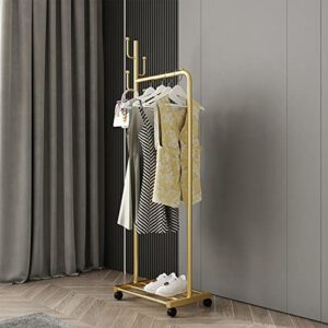 FJANKUI Clothing Garment Rack with Lockable Wheels, 3-in-1 Rolling Clothes Rack for Hanging Clothes, 5 Side Hooks and Bottom Shelves Organizing Clothes,Shoes,bags,hats(31.5in gold)