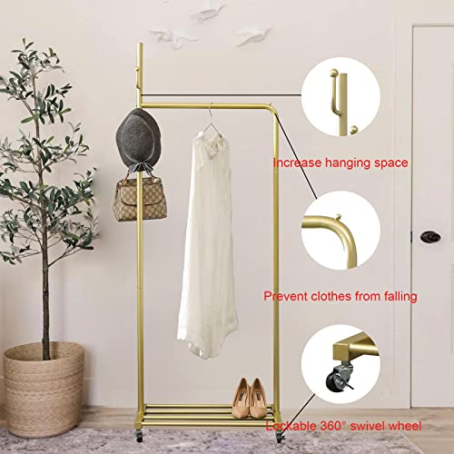 FJANKUI Clothing Garment Rack with Lockable Wheels, 3-in-1 Rolling Clothes Rack for Hanging Clothes, 5 Side Hooks and Bottom Shelves Organizing Clothes,Shoes,bags,hats(31.5in gold)