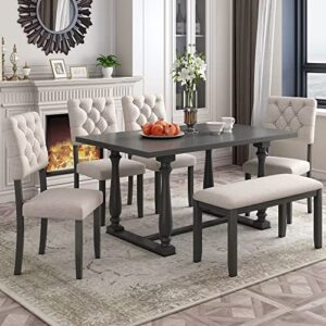 6 pieces dining table chair set, rectangle dining table with 4 upholstered chairs & a bench, wood kitchen table chairs set for 6 persons, modern style dining room set (gray+ beige)