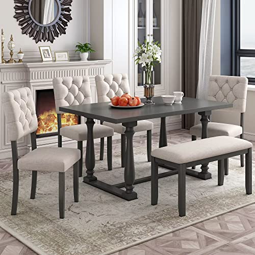 6 Pieces Dining Table Chair Set, Rectangle Dining Table with 4 Upholstered Chairs & a Bench, Wood Kitchen Table Chairs Set for 6 Persons, Modern Style Dining Room Set (Gray+ Beige)