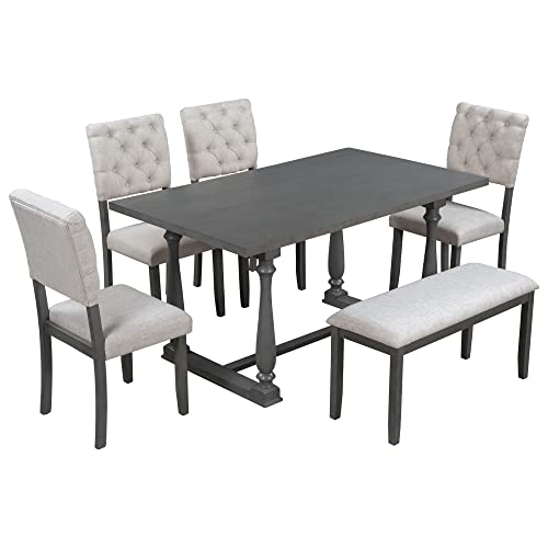 6 Pieces Dining Table Chair Set, Rectangle Dining Table with 4 Upholstered Chairs & a Bench, Wood Kitchen Table Chairs Set for 6 Persons, Modern Style Dining Room Set (Gray+ Beige)